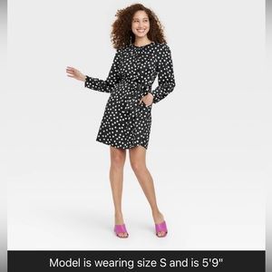 XXL Long Sleeve Belted A-Line Mini Dress - A New Day - Black White Polka Dot